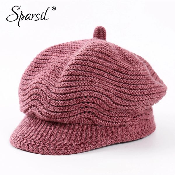 

sparsil women 2 layer winter knitted octagonal beret hat spring autumn fleece inside newsboy caps 2018 new warm wool visor hats, Blue;gray