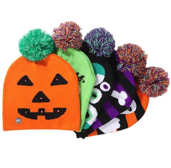 Halloween LED Light Up Hat Beanie Knit Cap Crianças Adulto Pumpkin Ghost Knit Beanie Holiday Hats Party Costume Supplies