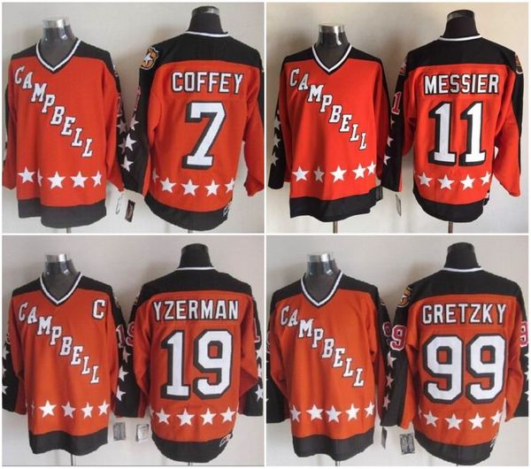 

1984 кэмпбелл all star game 19 стив изерман 11 марк мессье 99 уэйн гретцки 7 пол коффи хоккейные майки оранжевый сшитые рубашки, Black;red