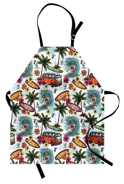 

ocean apron hawaiian surfer on wavy deep sea retro style palm trees flowers surf boards women men kids kitchen pinafore cooking