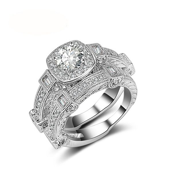 

vintage fashion jewelry 925 sterling silver round cut white clear 5a cubic zirconia eternity women wedding bridal ring set gift, Slivery;golden