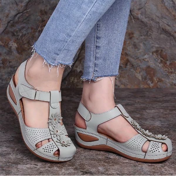 

women's wedge sandals flower shoes peep toe bohemia flip-flop ankle strap hollow round toe casual outdoor hiking slip on shoes, Black