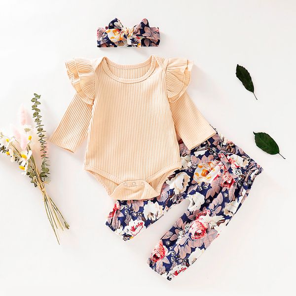 

infant baby girls romper ruffles solid color bodysuit+floral pants+headband outfits children's suit high quality, Blue