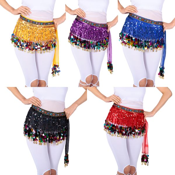 

belly dance waist chain hip skirt scarf with sequins coin tassel, Black;red