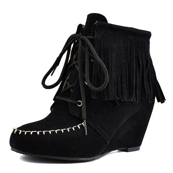 

casual riding boots round toe nubuck ankle boots fashion fringe lace-up black brown yellow high-heeled wedges women's shoes