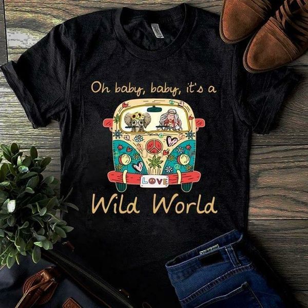 

hippie girl elephant oh baby baby it a wild ladies t-shirt black cotton s-3xl, White;black