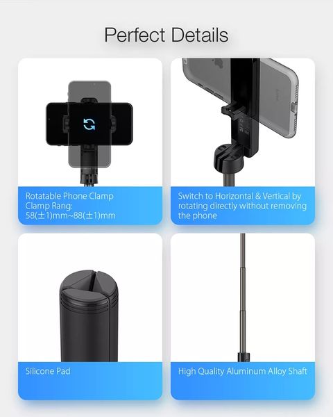 

blitzwolf bw-bs2 переносной мини bluetooth selfie stick пульт дистанционного управления штатив монопод поворотный зажим для iphone 11 huawei