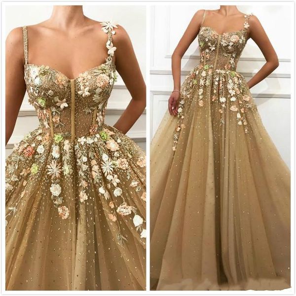 2019 Lace Ouro Longo Prom Dresses Frisado Espaguete Pescoço Appliqued Vestido de Festa Vestidos de Noite Plus Size Abendkleider Ocasião Formal vestido