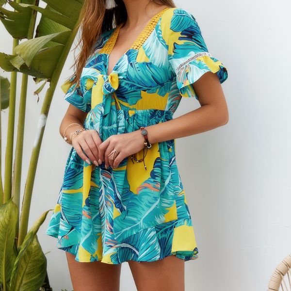 

rompers womens jumpsuit lace long pants women fashion short sleeve beach lotus leaf edge printed short jumpsuit d300504, Black;white