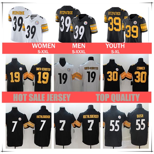

men women youth pittsburgh 19 juju smith-schuster 39 minkah fitzpatrick 55 devin bush 7 ben roethlisberger steeler football jerseys s-xxxl, Black;red