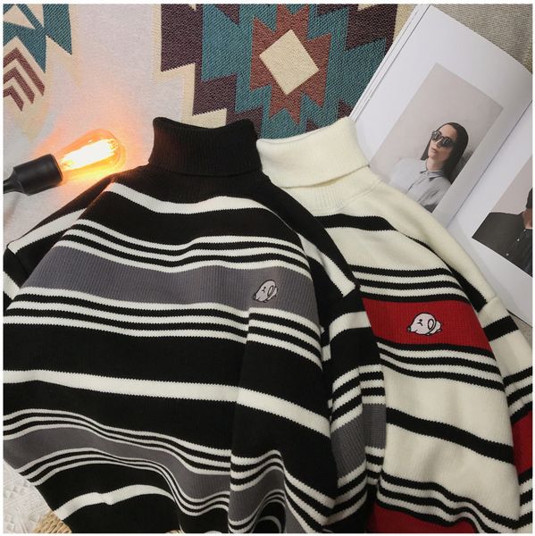 

men's sweater 2019 spring new high collar striped wild loose self-cultivation pullover student youth casual men's clothing, White;black