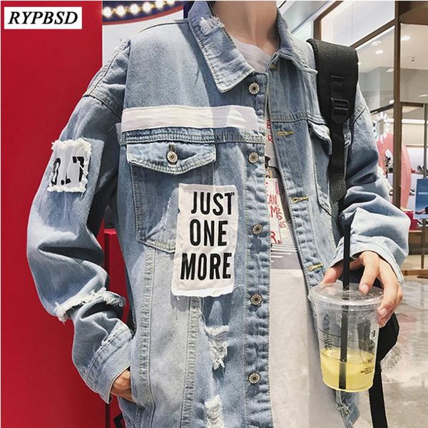 

autumn 2019 new blue denim jacket men oversize loose mens korean jacket fashion casual long sleeve men hole jackets coat m-3xl, Black;brown