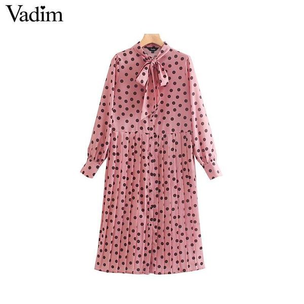 

vadim women chic dots print pink midi dress bow tie collar long sleeve dfemale casual pleated dresses vestidos qc721, Black;gray