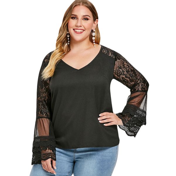 

wipalo plus size v neck flare sleeve lace women t-shirt fashion solid color long sleeves t shirt ladies 2019 clothing, White