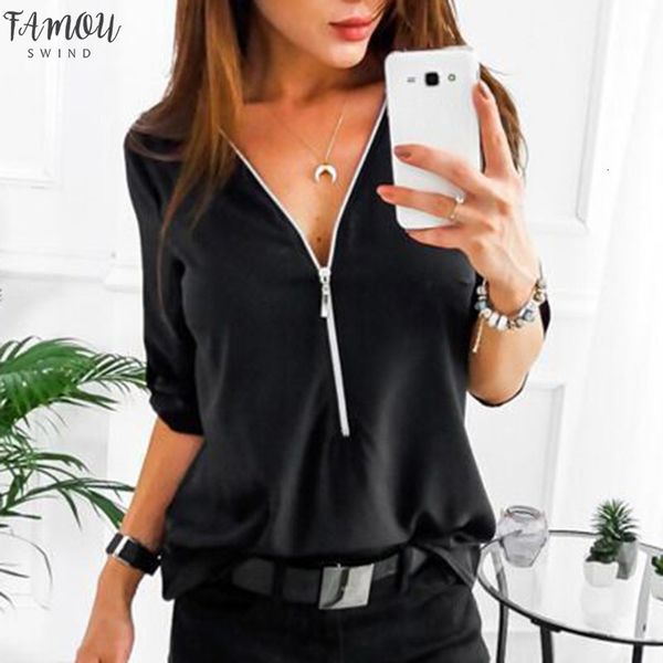 

women casual zip up v neck long roll sleeve ladies new fashion slim up t shirt for summer ropa mujer, White