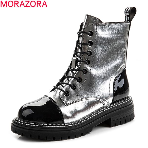 

morazora 2020 new arrive popular patent leather women brand boots comfortable med heels round toe lace up winter ankle boots, Black
