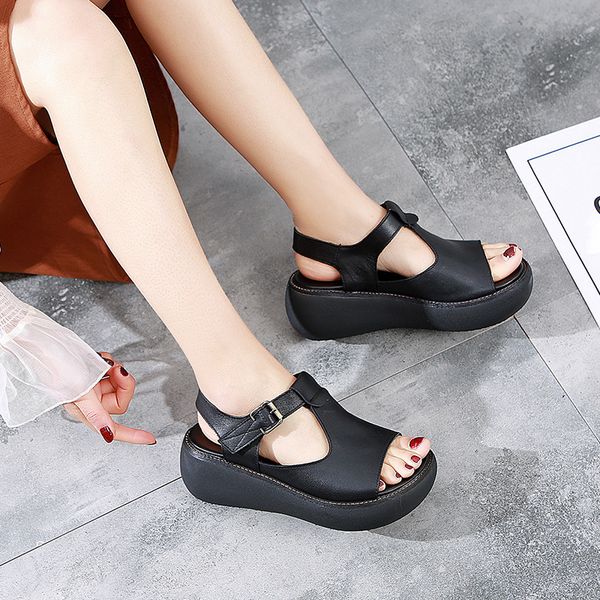 

2019 summer new women sandals women thick bottom handmade genuine leather casual flat bottom sandals platform sandals c15, Black
