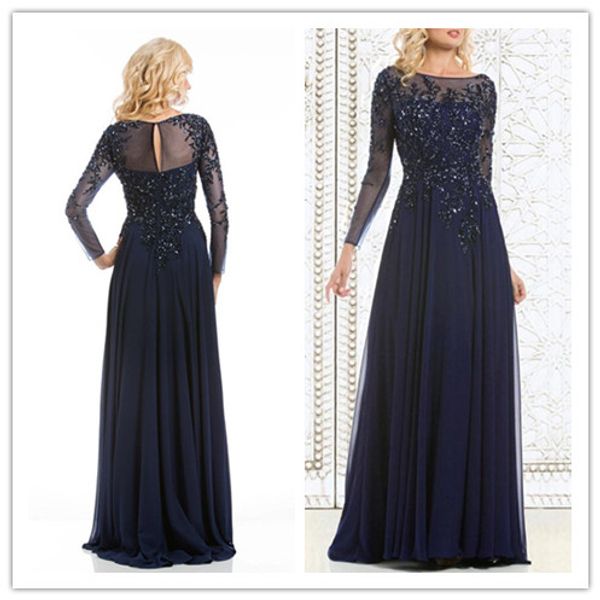 

2019 selling elegant navy blue mother of the bride dresses chiffon see-through long sleeve sheer neck appliques sequins evening dress, Black;red