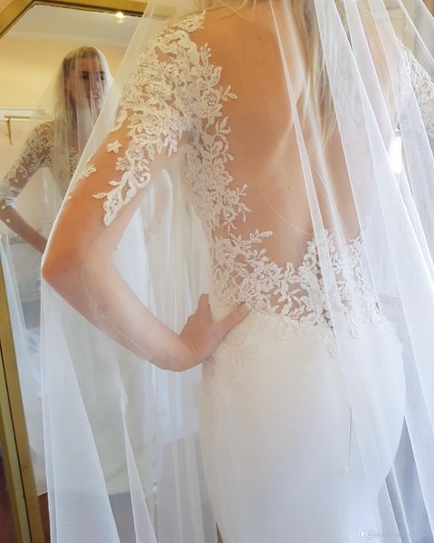 

lace mermaid wedding dresses deep v neck applique long illusion sleeves court train wedding dress bridal gowns vestidos de novia, White