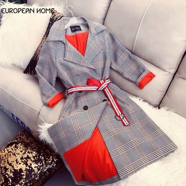 

spring fashion trench coat women medium-long long sleeve vintage plaid turn-down collar women windbreaker casual overcoat 887, Tan;black