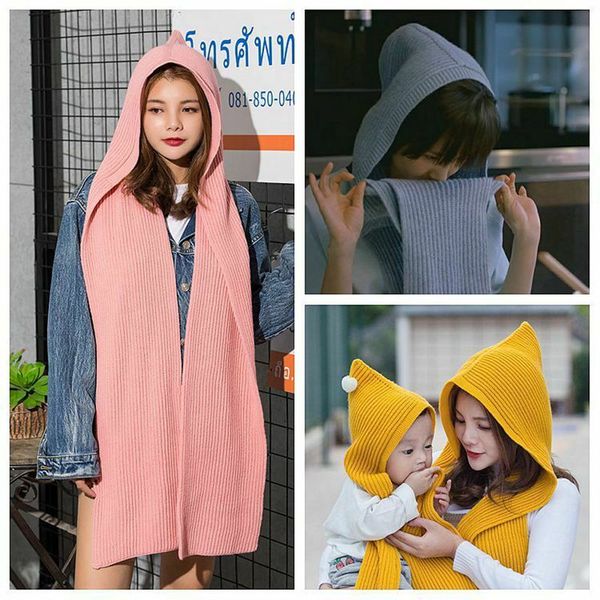 

women hooded long scarf mother winter warm knit hoodie stole shawl hat, Blue;black