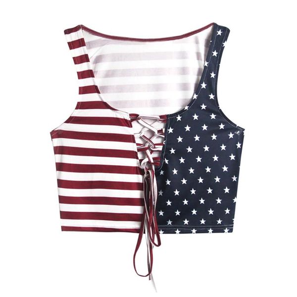 

2020 new fashion women's sleeveless tank summer striped print splicing vest fresh lace up short outer xl, White