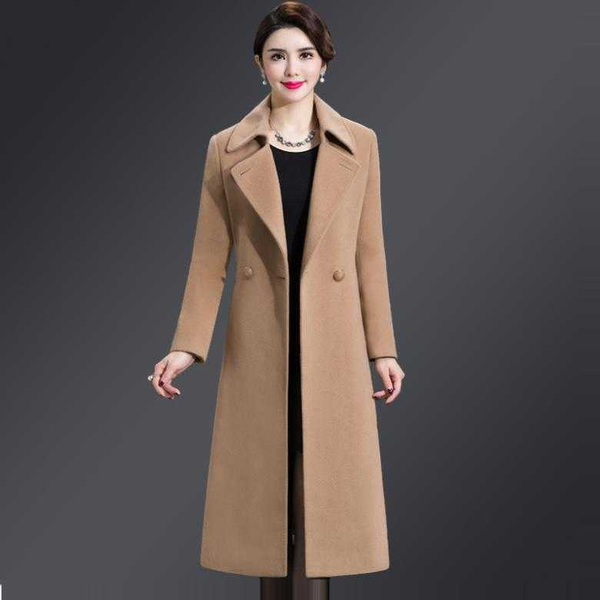 

x-long wool coat 2020 women outerwear autumn winter clothing belt fashion warm woolen blends coat female elegant woolen, Black