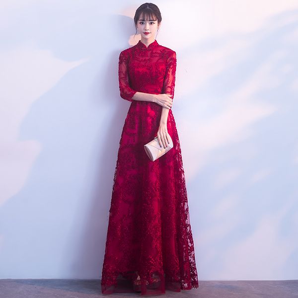 

luxury lace floor length evening dress fashion chinese style high neck evening dresses, White;black