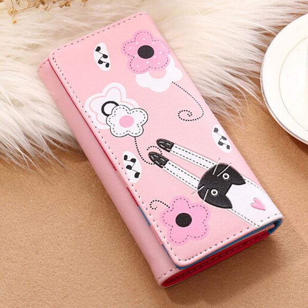

pu leather women cartoon cat print wallets ladies purse wallets money bag zipper coin purse portefeuille femme id holder clutch, Red;black