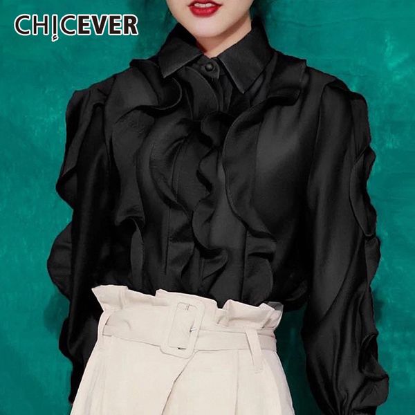 

chicever patchwork ruffles blouses female lapel collar lantern long sleeve irregular shirts women 2019 clothing fashion clothes, White