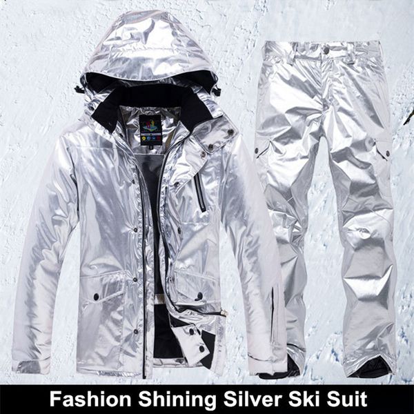 

shining silver mens womens ski suit winter thermal waterproof windproof snowboarding jacket pants skiing wear female snow suits