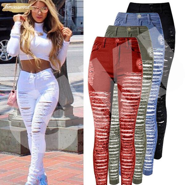 

destroyed ripped denim jeans skinny hole pants high waist stretch jeans blue slim pencil trousers black white