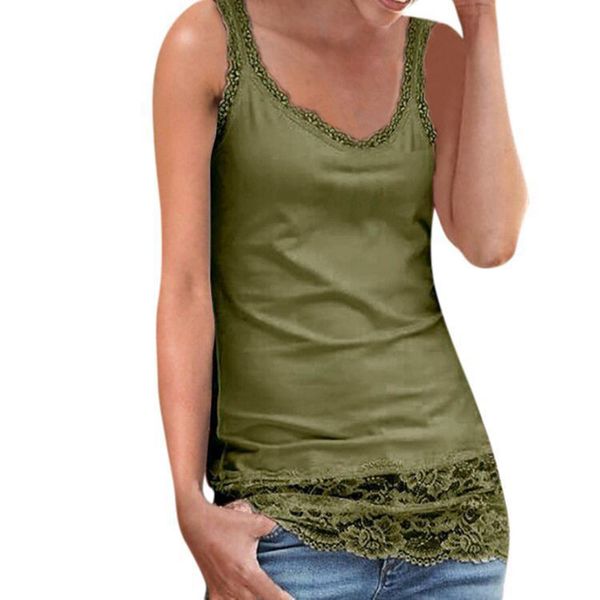 

2019 ladies fashion slim joker u-neck lace splicing vest bottoming shirt top, White