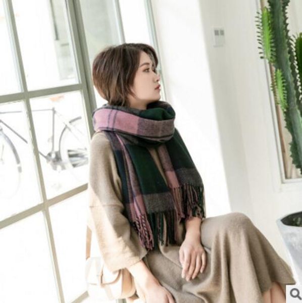 

new korean version of imitation cashmere shawl cape lady students autumn and winter thickened plaid scarf neck wholesale, Blue;gray