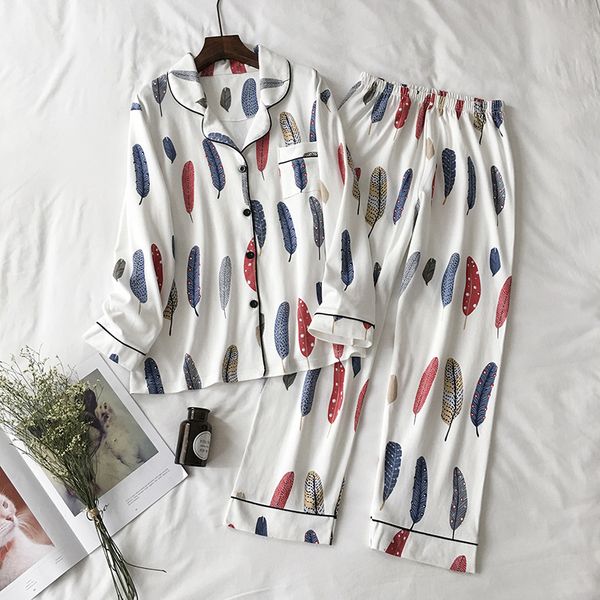 

new winter pajamas for women cotton feather print pajamas set long sleeves pants turn-down collar clothes femme home service, Black;red