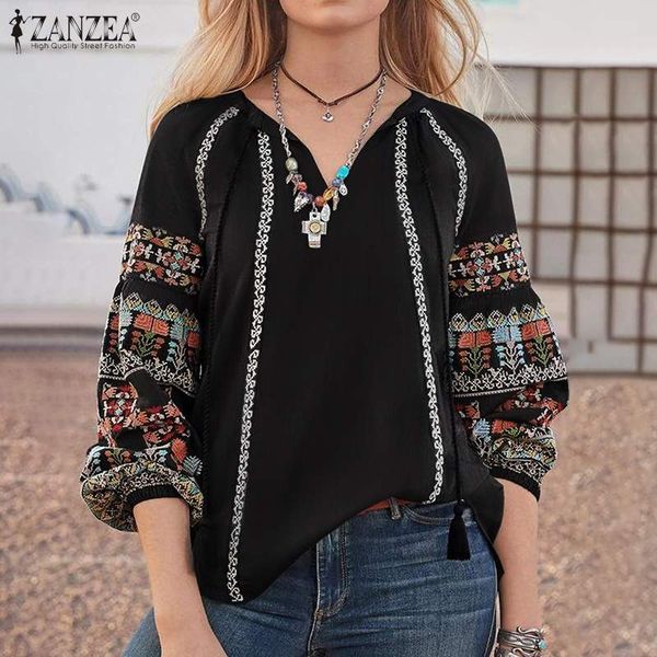 

women's blouses & shirts bohemian printed puff sleeve blouse zanzea 2021 fashion v neck work blusas female lace-up tunic plus size 5xl, White