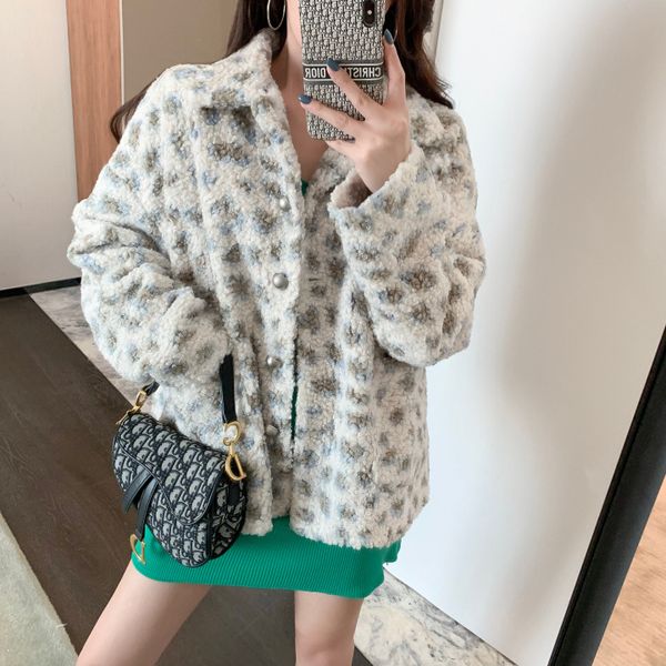

gruiiceen high street autumn leopard fashion blends coat turn down collar loose wool jacket coat women, Black