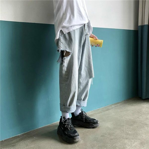 

2019 summer men's tide ripped cropped casual pants male beggar baggy homme jeans high-quality blue color loose trousers -2xl