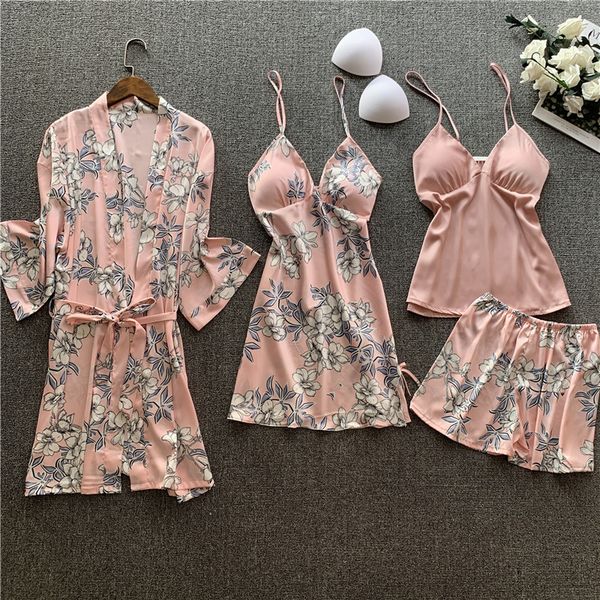 

розовый цветок печати пижама набор женщин stain 4шт robe set пижамы женский костюм nightyrobe сыпучие кимоно халат платье главная wear, Black;red