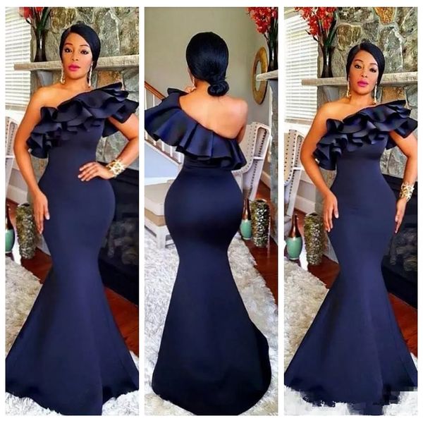 

2019 new black girl african mermaid prom dresses long plus size one shoulder satin formal evening gown party dress