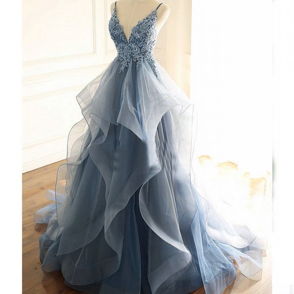 

vestidos de fiesta 2020 navy blue evening gowns backless with lace up formal long spaghetti lace beading cascading ruffles prom dresses, Black