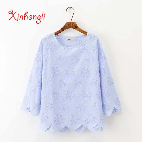 

plus size dobby cotton women loose blouse 2019 summer casual ladies o-neck shirts female embroidery pullover shirts, White
