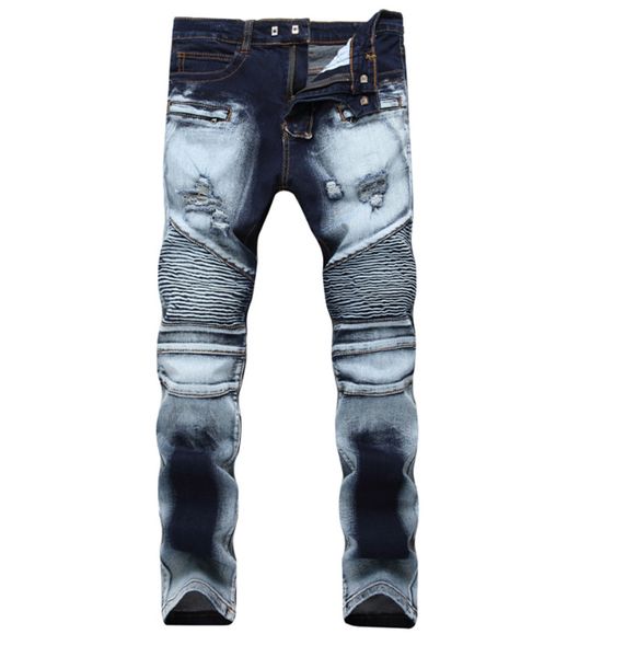 

new biker jeans men 2019 autumn casual washed cotton fold skinny ripped jeans hip hop elasticity slim denim pants home, Blue