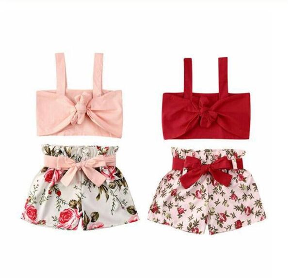 

1set летних детей ребенок девочки шорты набор две куска цветочных цветы набора одежды без рукавов костюмов пляжной вечеринки костюма мода де, White