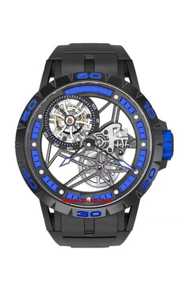 

9 style watch excalibur spider tourbillon 46mm automatic mens watch black pvd skeleton dial rubber strap gents watches, Slivery;brown