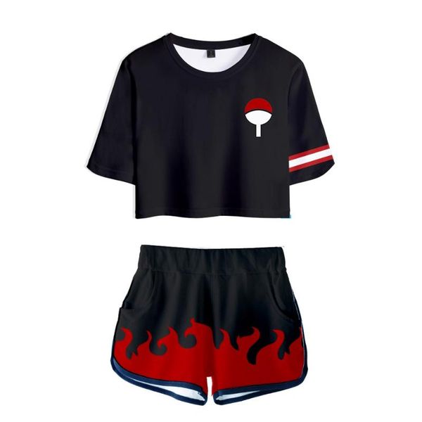 

3d printed anime naruto cartoon cosplay two piece sets new summer women's exposed navel t-shirt + shorts suits, White
