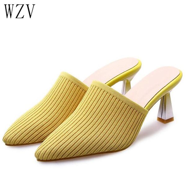 

big size woven knit pointed toes women shoes fashion half med heels shoes woman stilettos mules loafer feminine slippers slides, Black