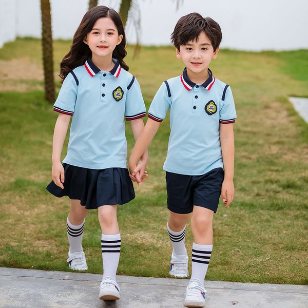 

primary school summer short-sleeve blue sports children's school uniform girl uniform, White