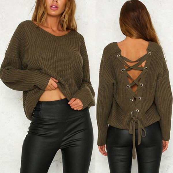 

selling women backless knitting sweater lace up autumn winter sweater casual hollow out -b5, White;black