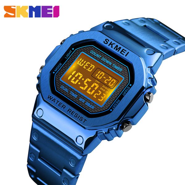 

skmei 2019 new men's g-style digital watches luxury stainless steel square electronic wristwatches womens led sprots watch, Slivery;brown